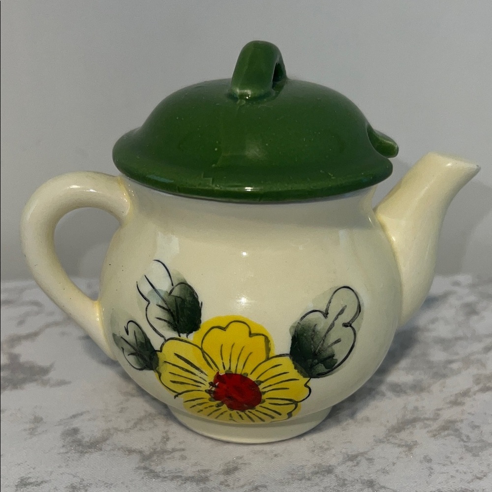 Vintage Japanese Floral Ceramic Teapot with Green Lid